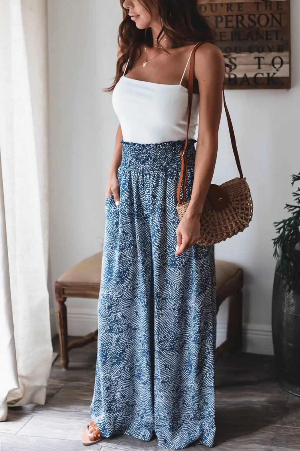 Blue Floral Loose Drape Straight Leg Pants