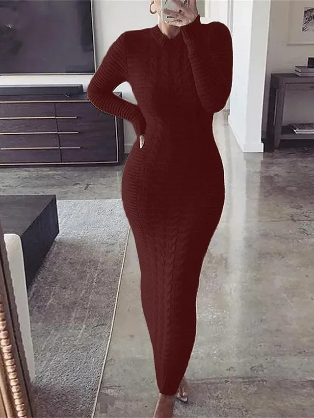 Women's Sweater Dress Crew Neck Ribbed Knit Polyester Knitted Fall Winter Long Outdoor Daily Going out Stylish Casual Soft Long Sleeve Pure Color Black Yellow Wine S M L