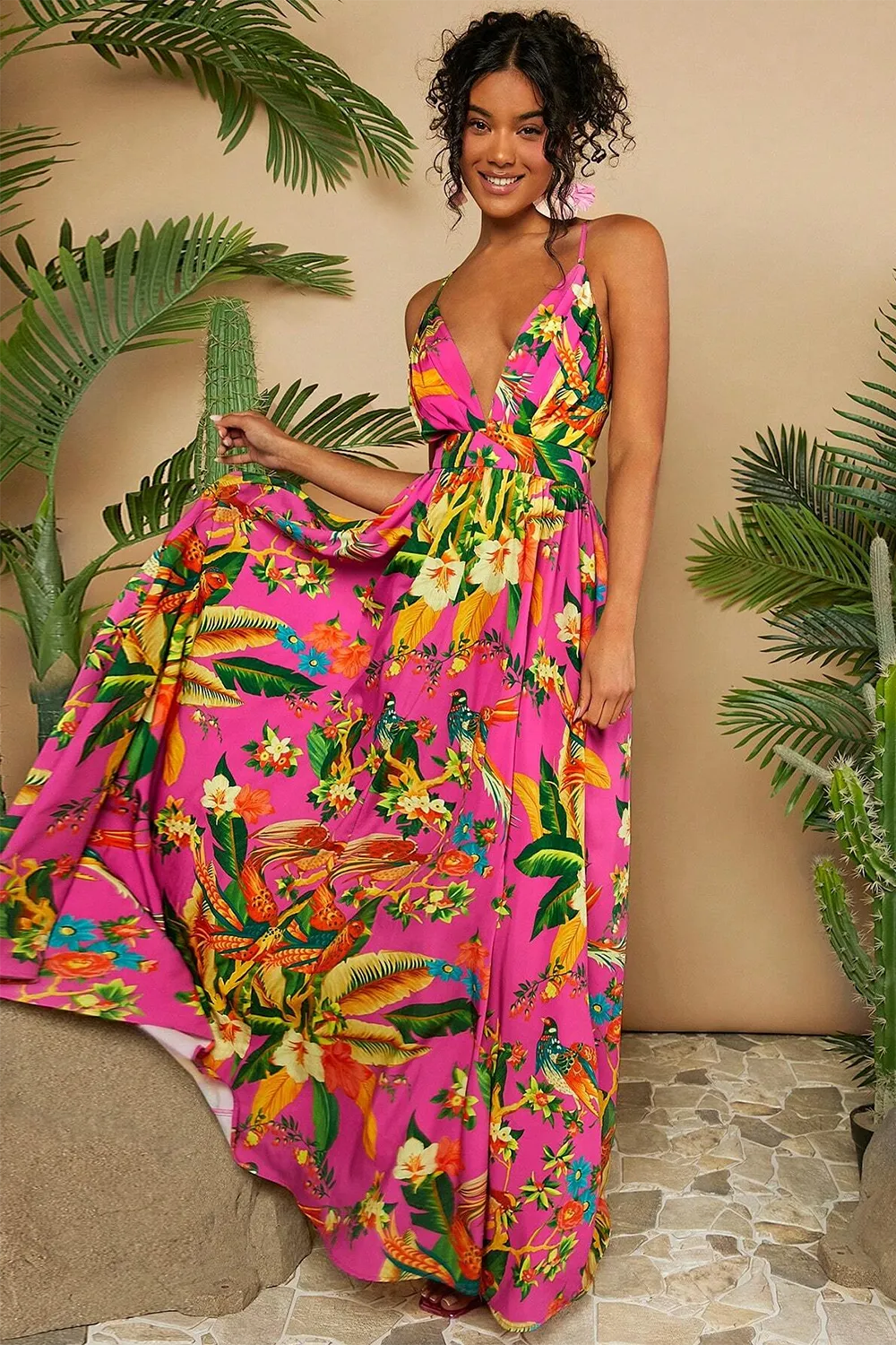 Women's Plant Printed Spaghetti Strap Dress
