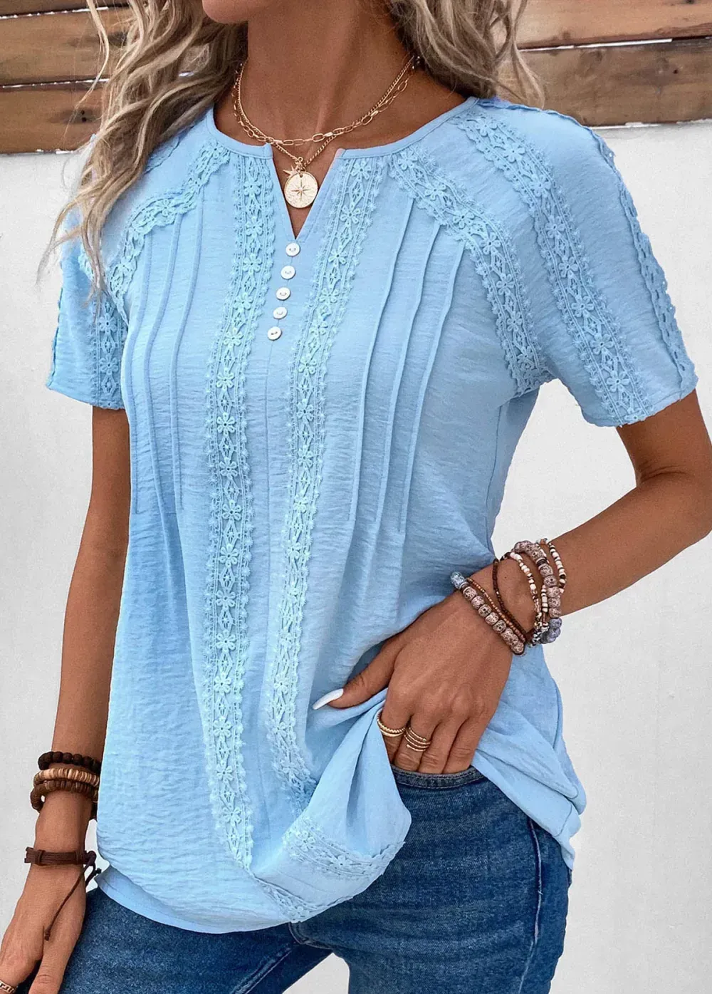 Light Blue Patchwork Short Sleeve Split Neck Blouse