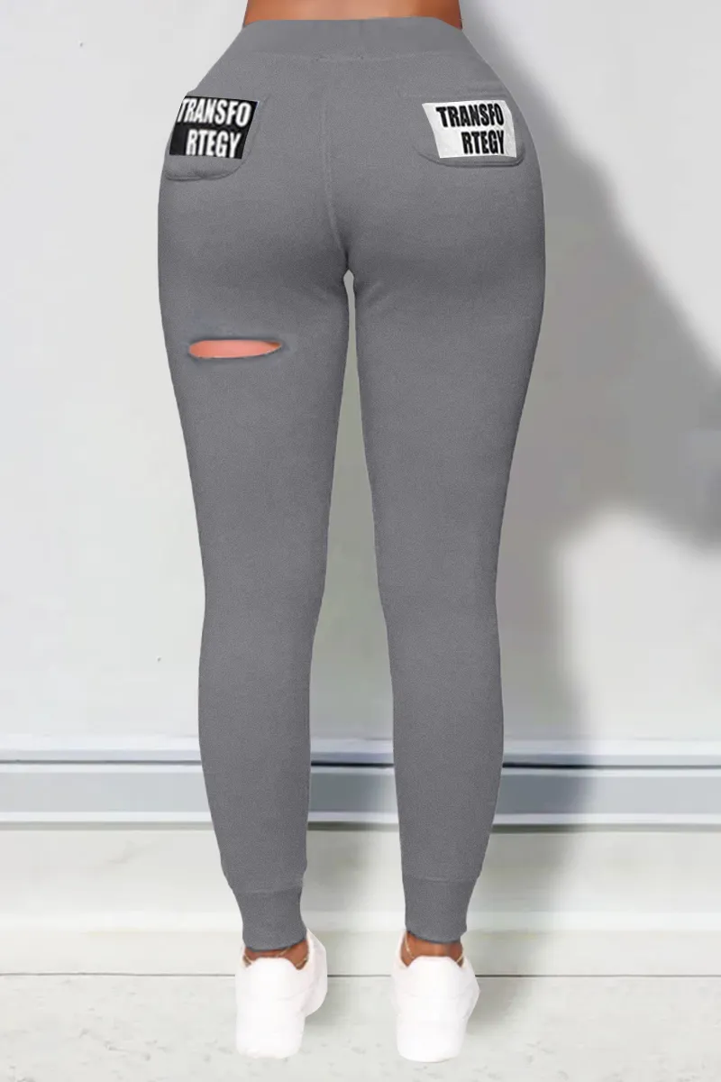Letter Print Ripped Drawstring Waist Pants