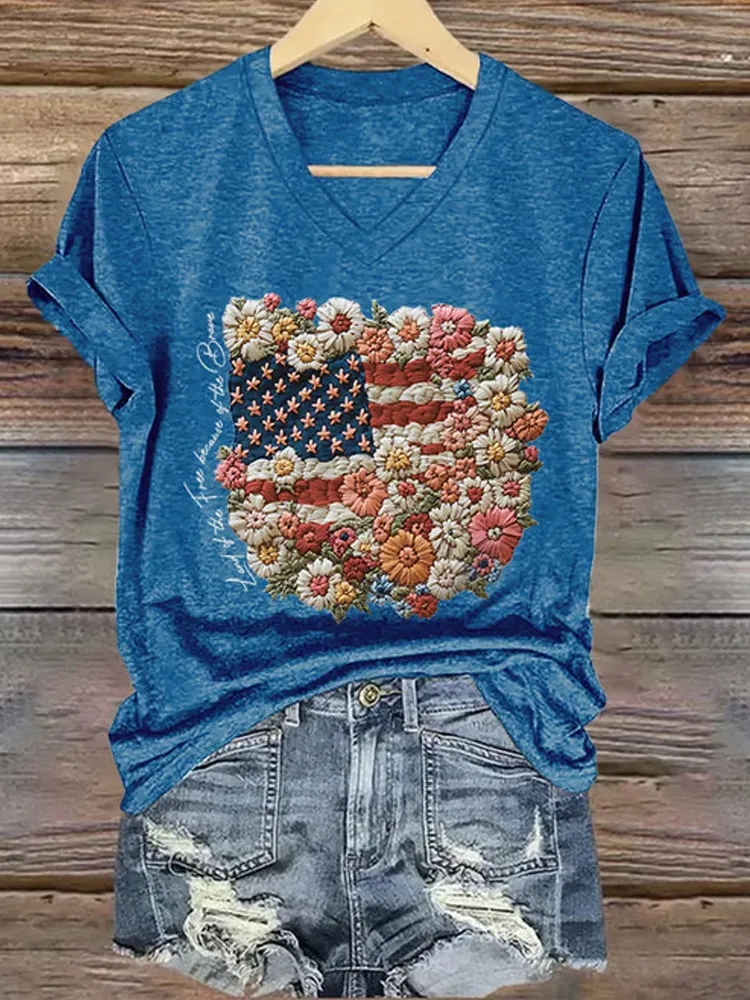 V-neck Retro Independence Day Flowers Because Of The Brave Print T-shirt