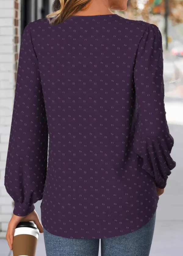 Purple Embroidery Long Sleeve Split Neck Blouse