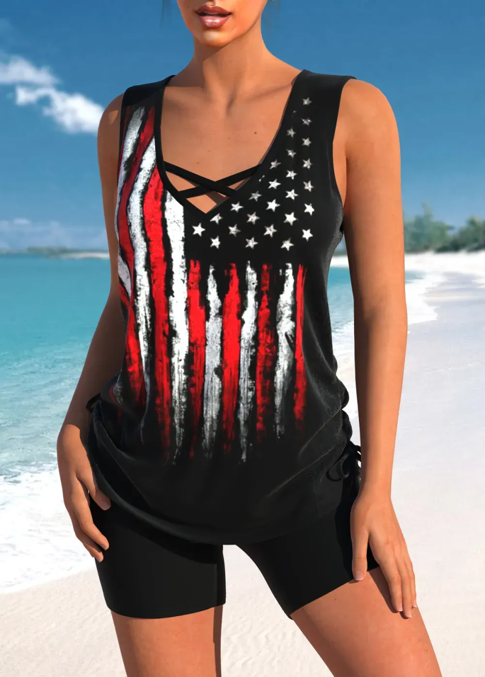 Floral Print Black Cross Strap Tankini Set