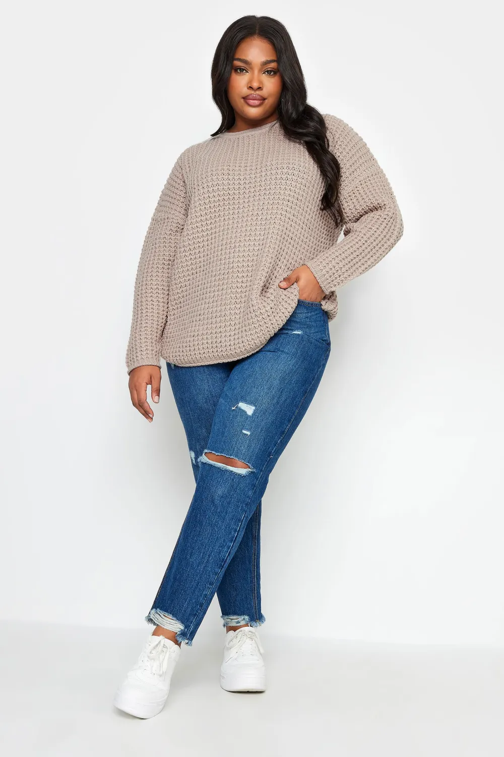 YOURS Curve Stone Brown Waffle Knit Jumper