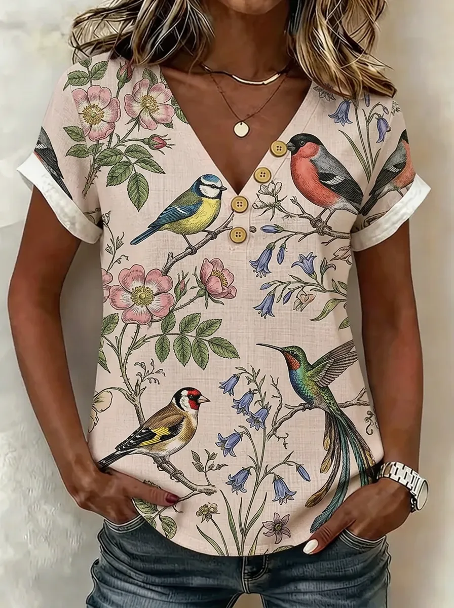Women's Nashville Nature Lover Bird and Floral Printed V-Neck Top