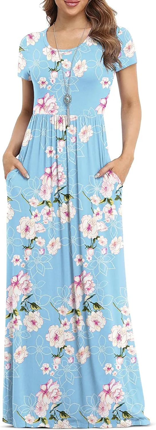 Women's Short Sleeve Loose Plain Maxi Dresses Casual Long Dresses with Pockets