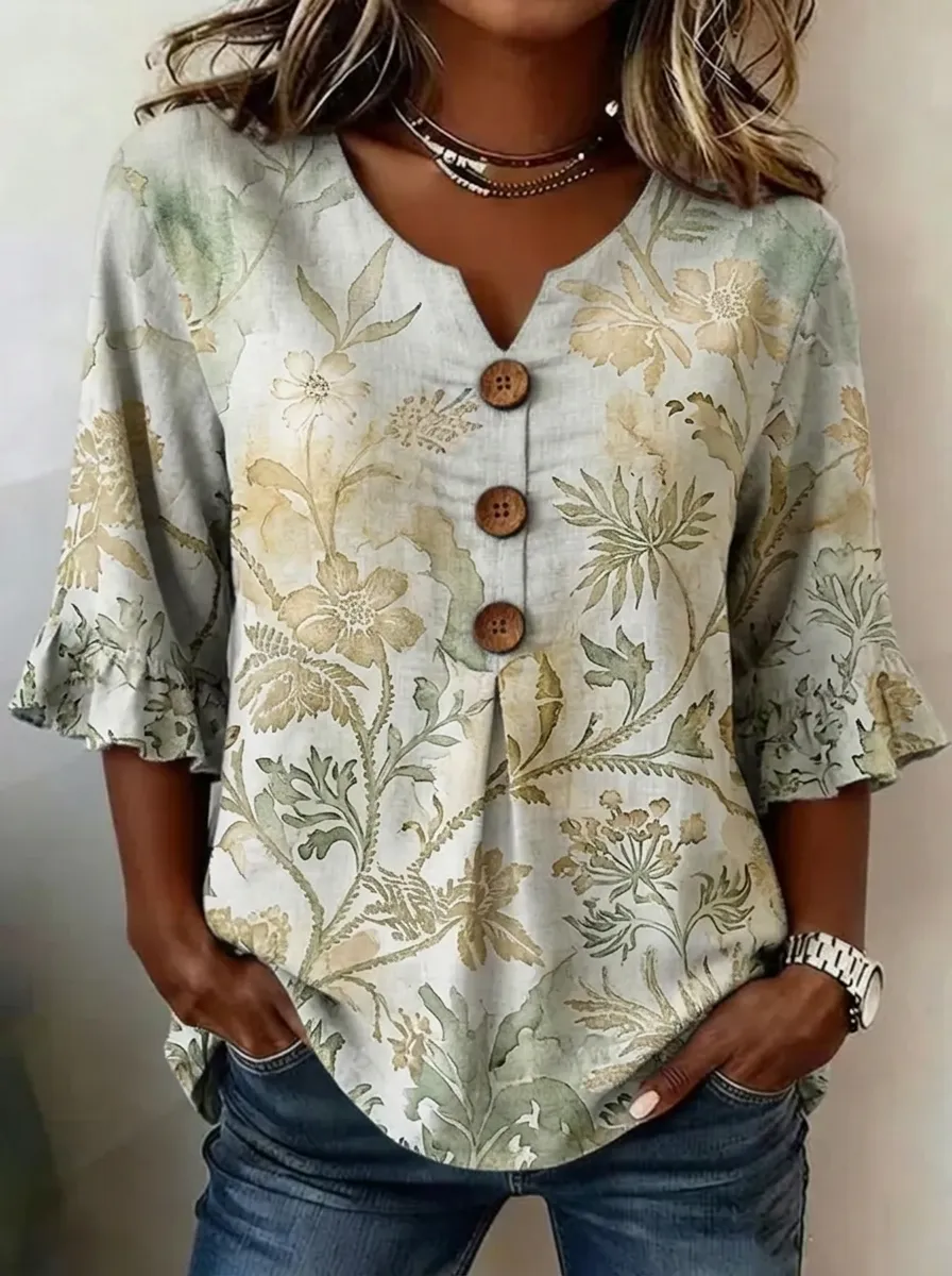 Women's Nashville Floral Botanical Printed V-Neck Button Top