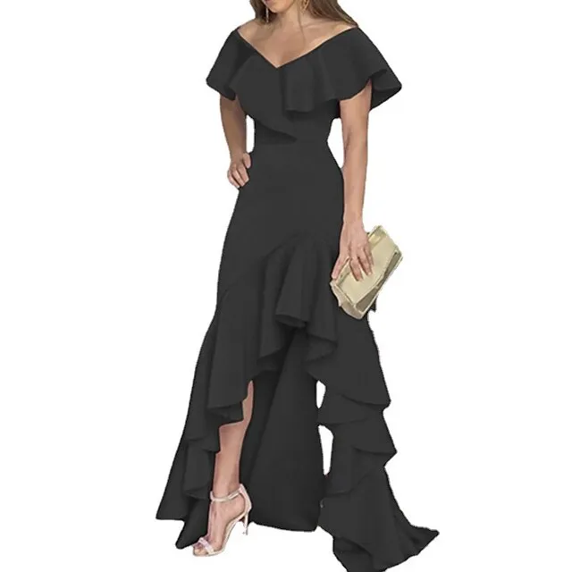 Women's Party Dress Maxi long Dress Green Black Wine Fuchsia Dark Blue Short Sleeve Pure Color Ruffle Plus High Low Fall Spring V Neck Elegant Formal Party 2023 S M L XL XXL 3XL 4XL 5XL