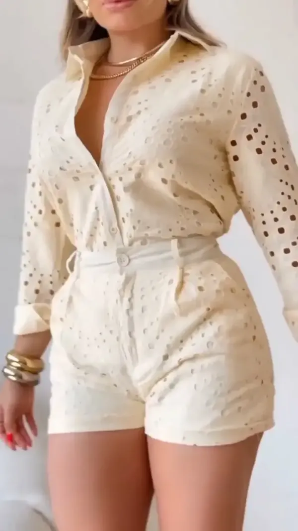 Women's Circular Print Hollow Top + Pants Casual Set