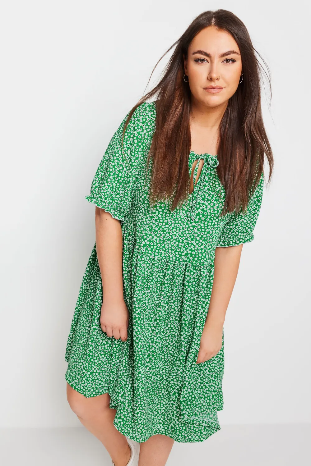 YOURS Curve Green Ditsy Floral Print Textured Smock Dress