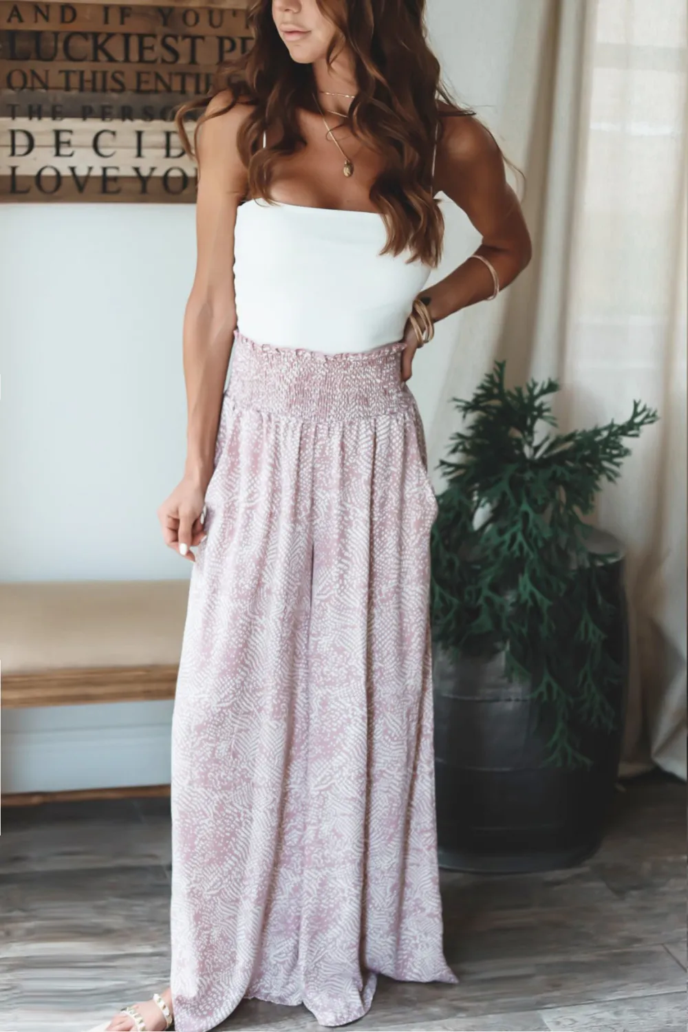 Pink Floral Loose Drape Straight Leg Pants