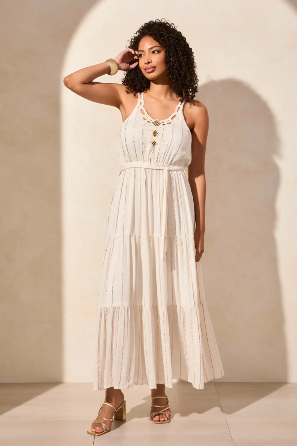 Metallic Stripe Dress With Beaded Crochet Applique-Cocomilk