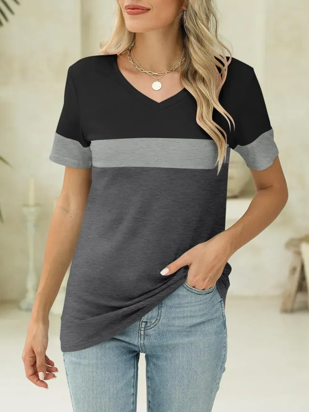 ORANDESIGNE Women's Color Block Short Sleeve T Shirts Casual V Neck Summer Tops Tees Loose Fit Blouses