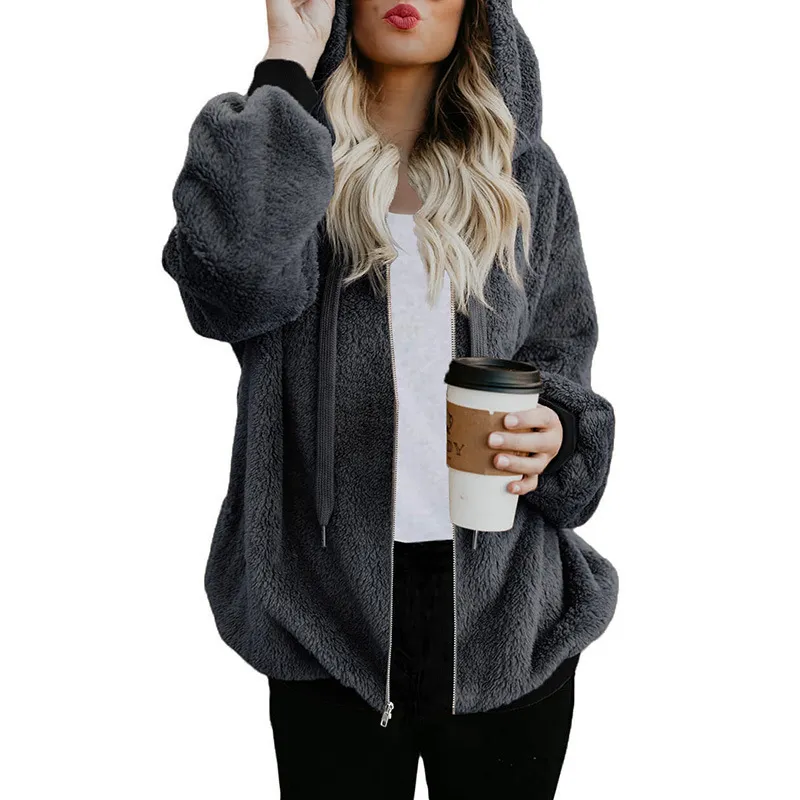 Solid Plush Drawstring Hooded Zip Coat