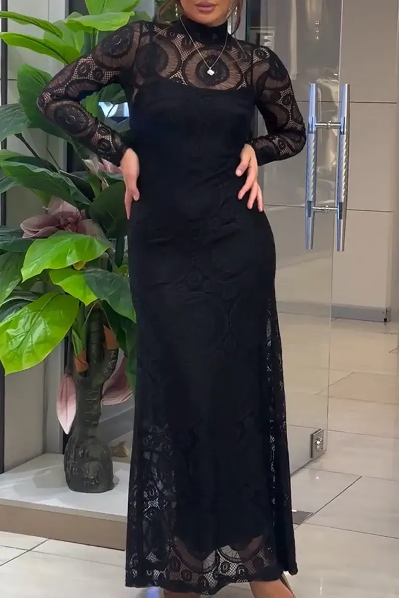 Women's Elegant Round Neck Sheer Lace Long Sleeve Dress