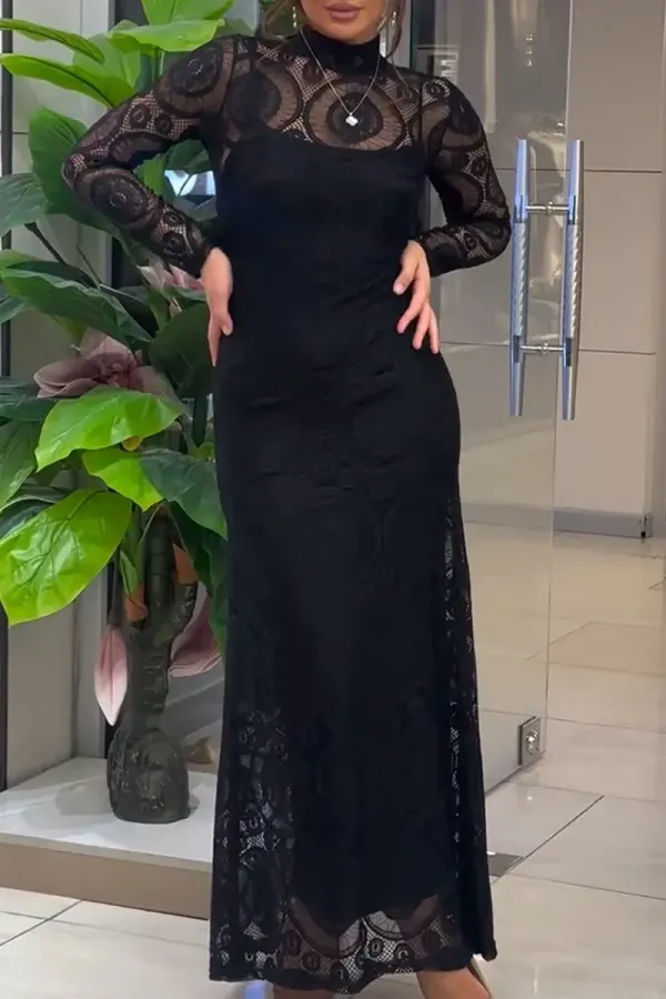 Women's Elegant Round Neck Sheer Lace Long Sleeve Dress