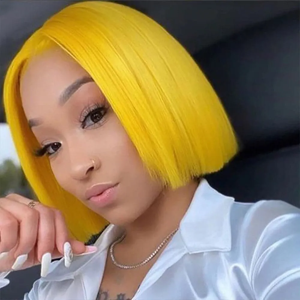 Sterly Yellow Wig Straight Short Bob Human Hair 13x4 Transparent Lace Front Wig