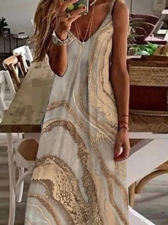 Women's Casual Dress Long Dress Maxi Dress Khaki Sleeveless Print Print Spring Summer V Neck Casual Weekend 2023 S M L XL XXL 3XL