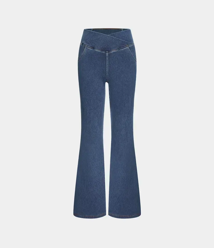 High Waisted Crossover Pocket Washed Stretchy Knit Denim Casual Super Flare Pants