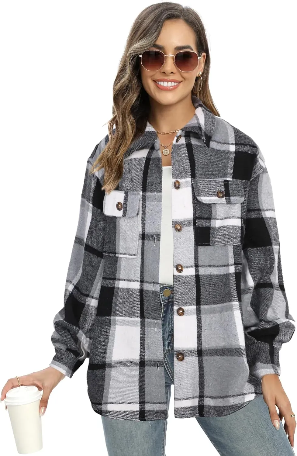 Women's Casual Plaid Flannel Shacket Jacket Oversized Button Down Long Sleeve Fall Shirts Jacket Lapel Coats Tops