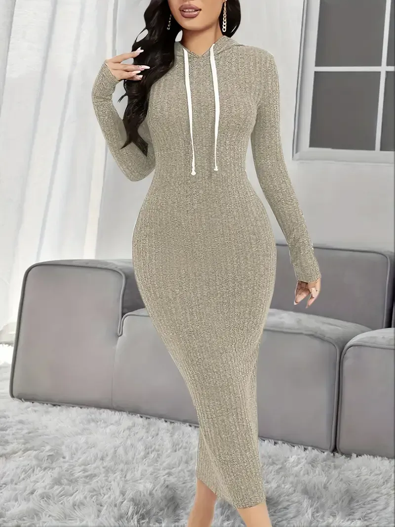 Hooded Knitted Lounge Dresses, Long Sleeve Elastic Home Dress, Women's Loungewear & Dresses