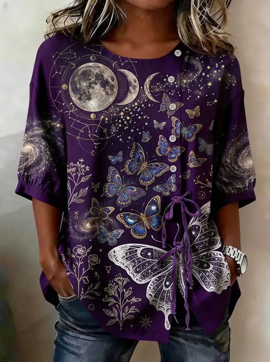 Women's Celestial Butterfly Moon Printed Button-up Top
