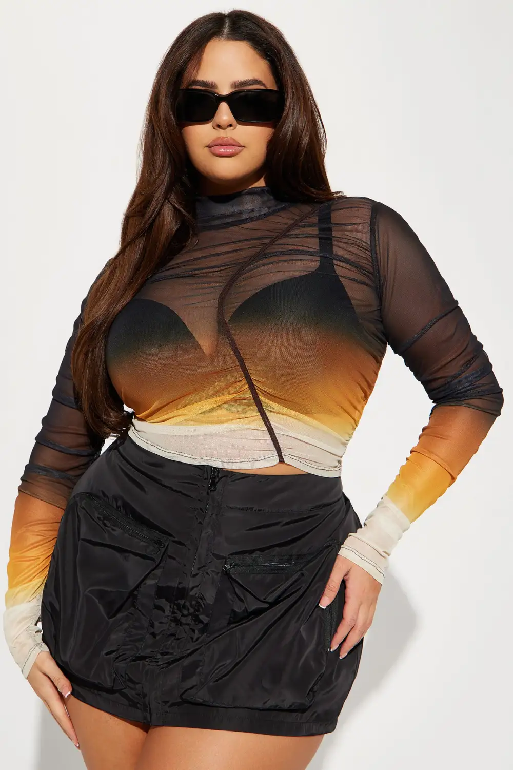 We Just Mesh Mock Neck Top - Brown/combo