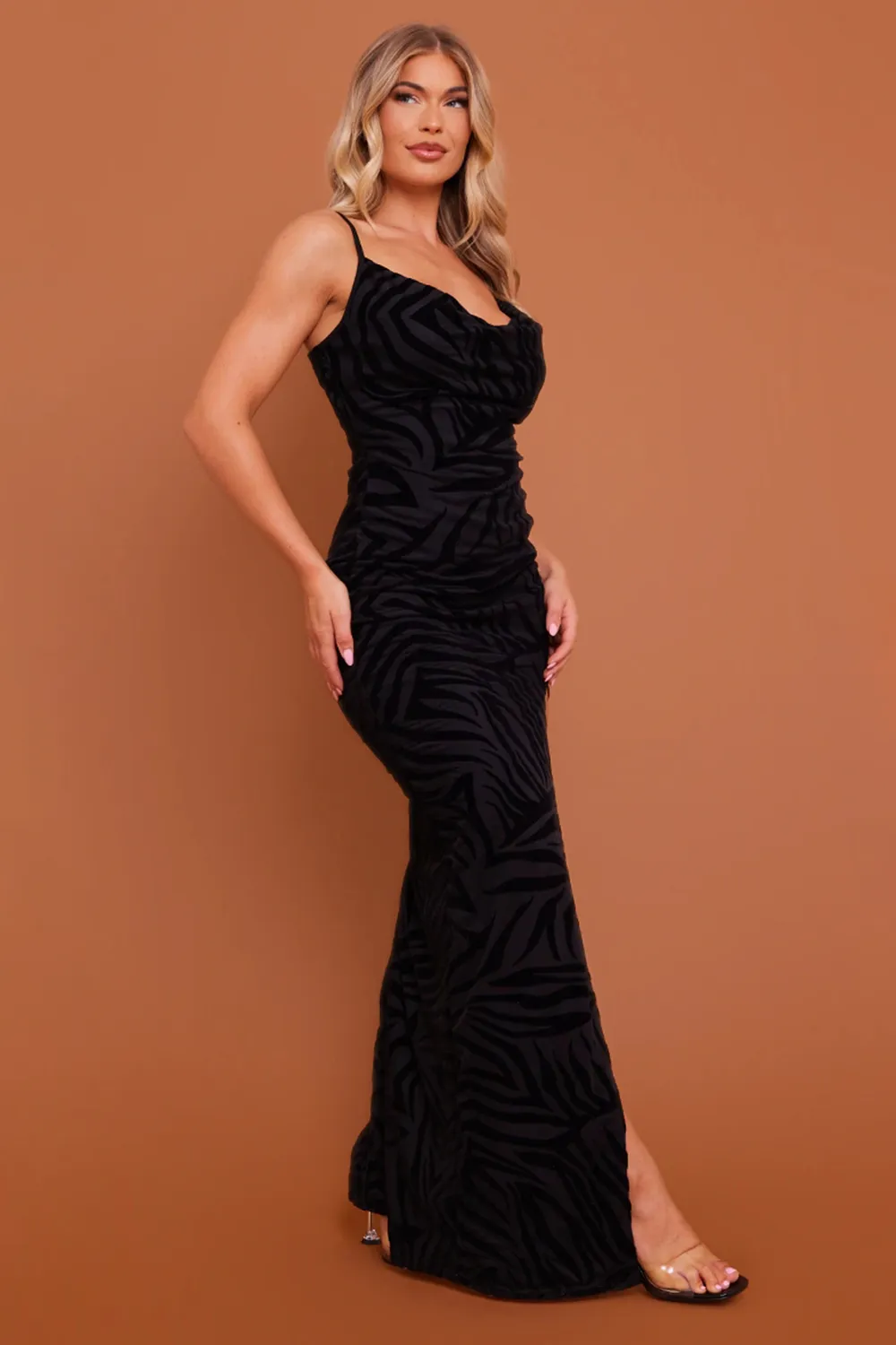 Red Zebra Flocked Mesh Strappy Cowl Maxi Dress