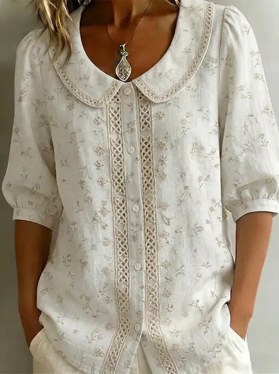 Women's Nashville Floral Embroidered Peter Pan Collar Printed Shirt