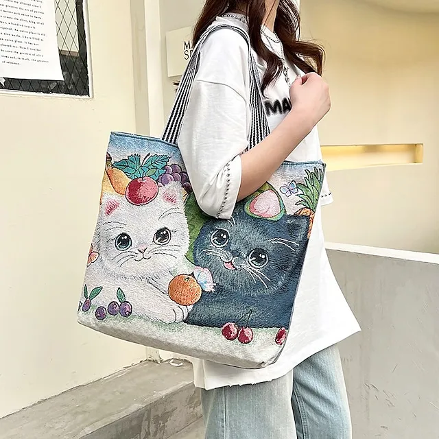 Women's Tote Shoulder Bag Canvas Tote Bag Oxford Cloth Shopping Daily Zipper Print Large Capacity Lightweight Durable Cat Flower Folk Butterfly Unicorn Black cat