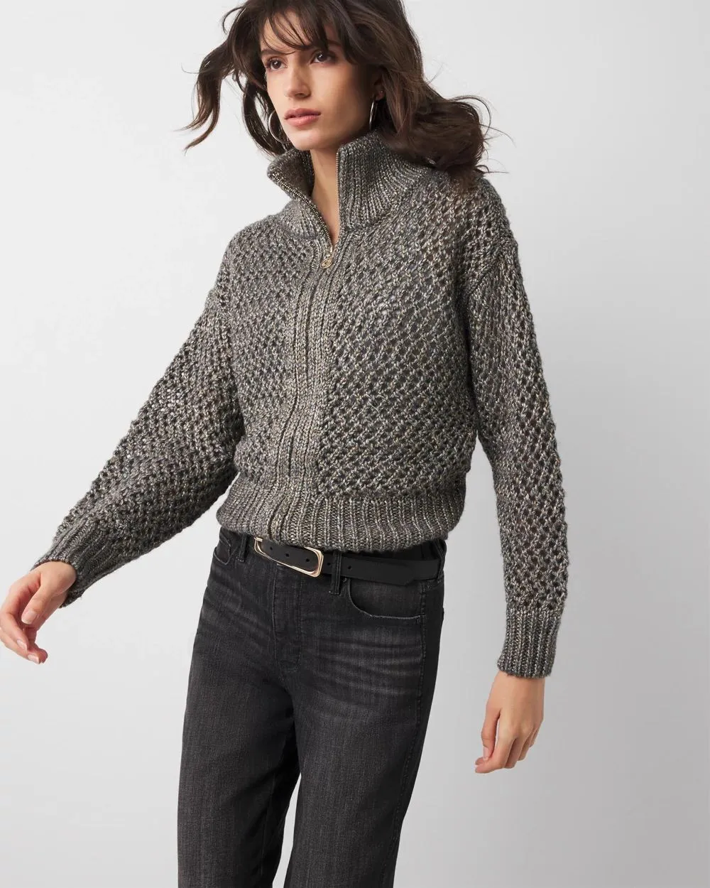Open Stitch Zip-Up Cardigan