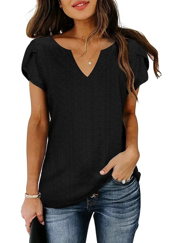 Women's T shirt Tee Light Blue Black White Plain Button Short Sleeve Casual Basic V Neck Regular S