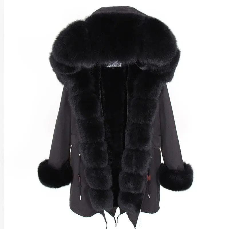 Women's Parka Fox Fur Coats Real Fur Winter Long Black Park Cotton Thick Warm