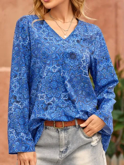 V Neck Floral Vacation Casual T-Shirt/Tee