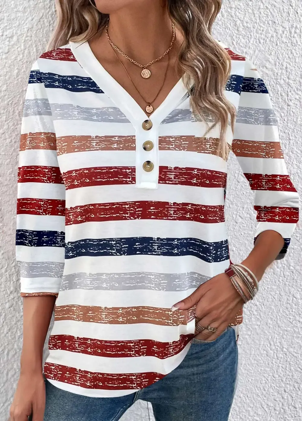 Red Button Multi Stripe Print 3/4 Sleeve T Shirt