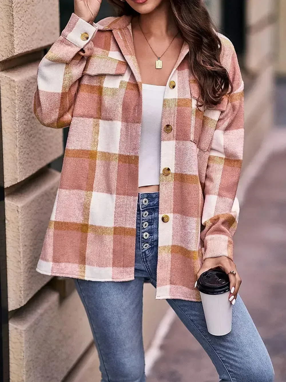 Women's 2023 Fall Clothes Plaid Shacket Jacket Long Sleeve Button Down Flannel Shirts Fashion Blouse