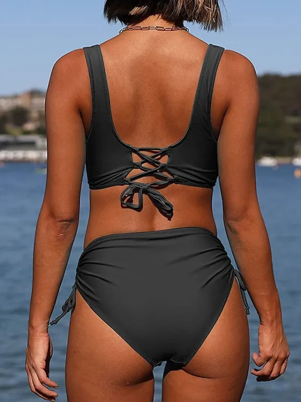 Women's Swimwear Bikini 2 Piece Normal Swimsuit Pleated 2 Piece High Waist Open Back Sexy Pure Color Black Red Fuchsia Green Padded V Wire Bathing Suits Sexy Vacation Stylish