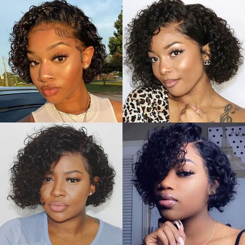 FB30 Curly Pixie Cut Wig Afro Kinky Curly Snug-Fit Drawstring Wig Short Cut Bob Wigs