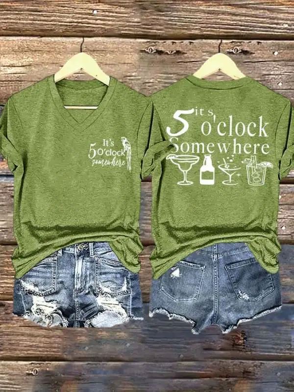 V Neck Retro 5 O'clock Print T-Shirt