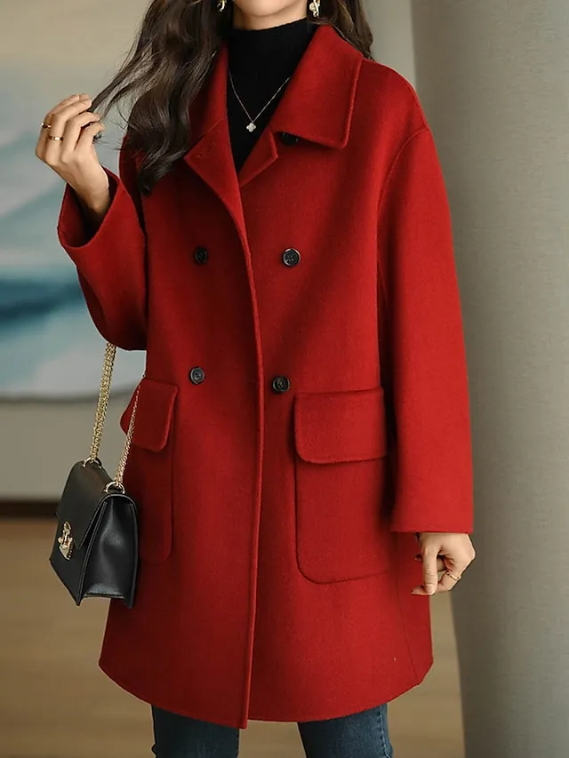 Women's Coat Fall Winter Long Pea Coat Windproof Wool Blend Coat with Pockets Maillard Warm Modern Style Casual Trendy Jacket Long Sleeve Plain Black Red Camel