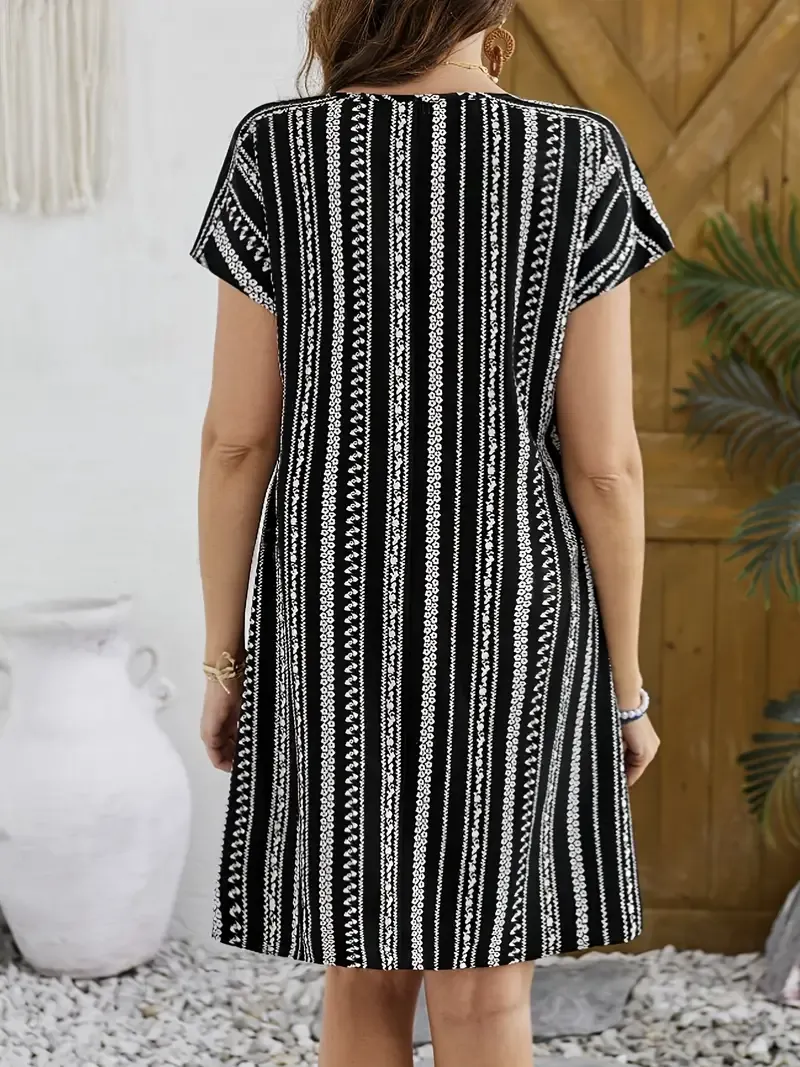 Striped V Neck Loose Dress - Casual Short Sleeve Dress For Spring & Summer