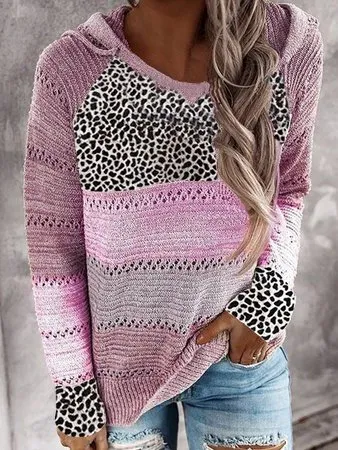 V Neck Casual Leopard Cotton-Blend Sweater