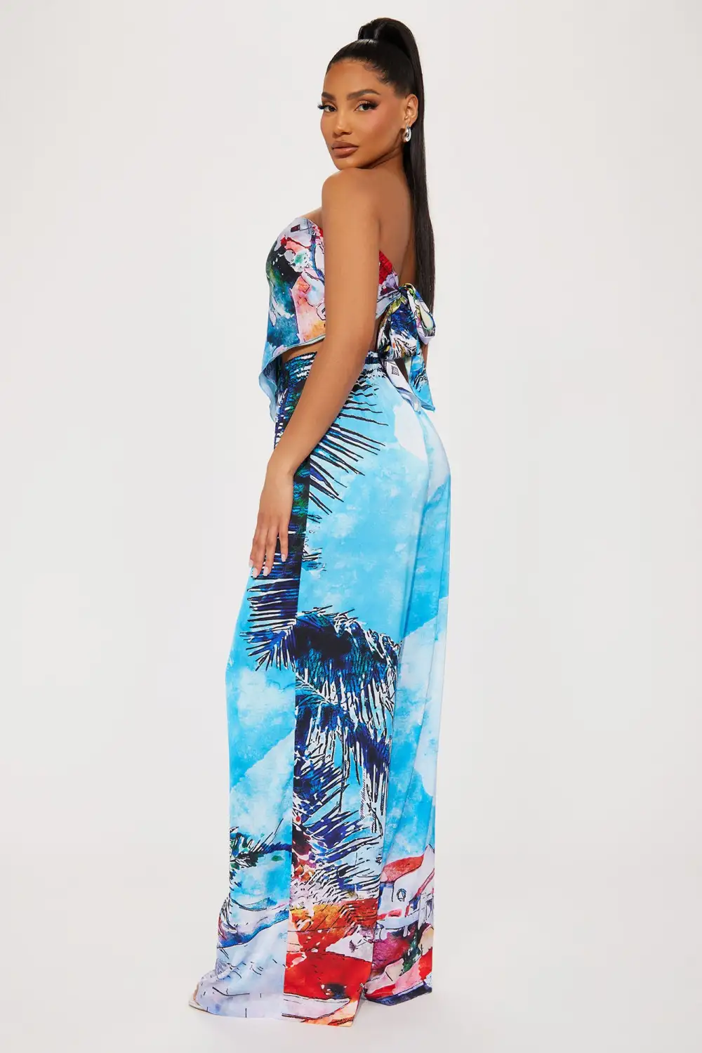 Tropical Babe Satin Pant Set - Blue/combo