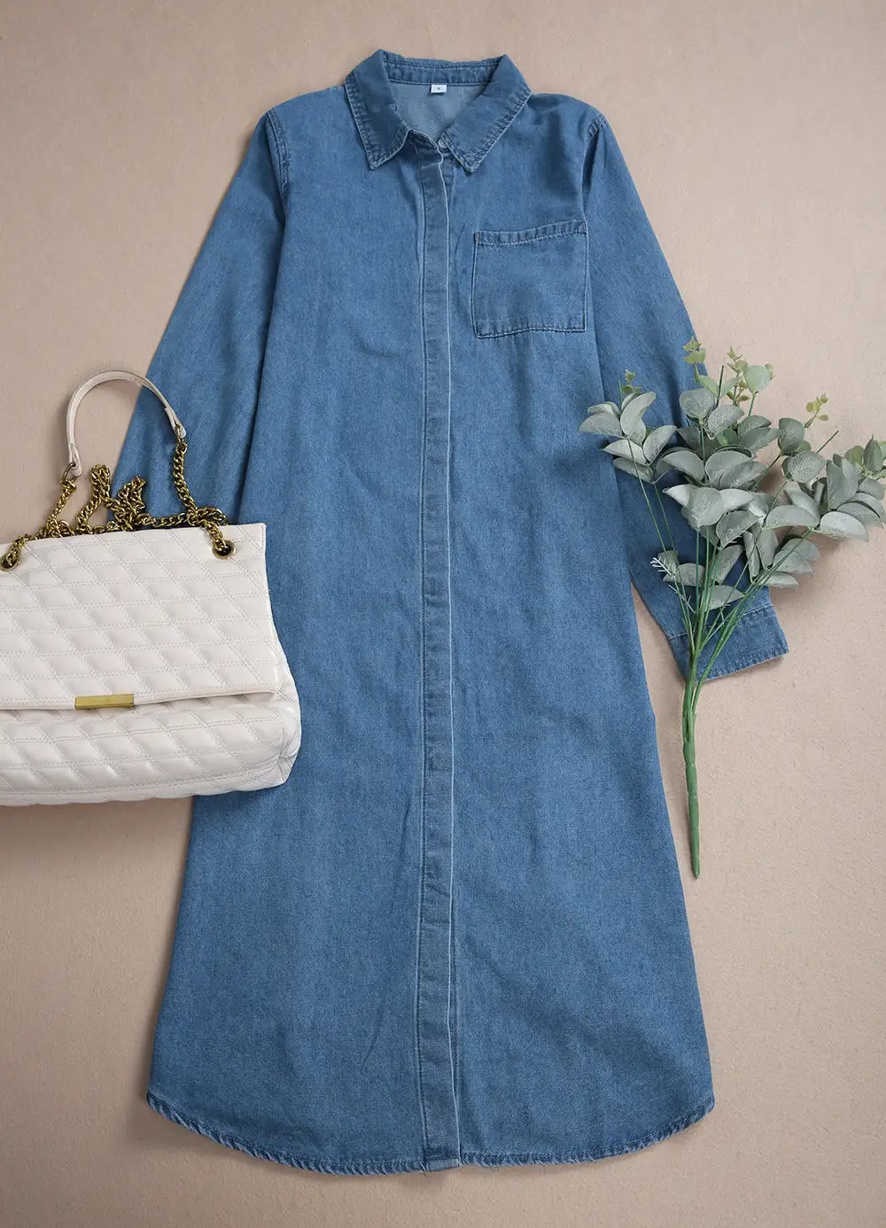 Oversized Chambray Denim Button Front Blouse Midi Dress