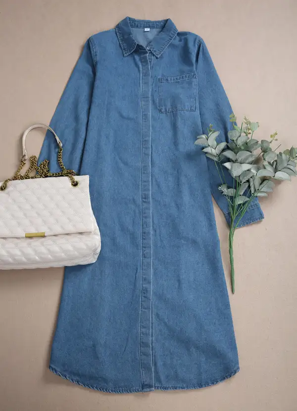 Oversized Chambray Denim Button Front Blouse Midi Dress