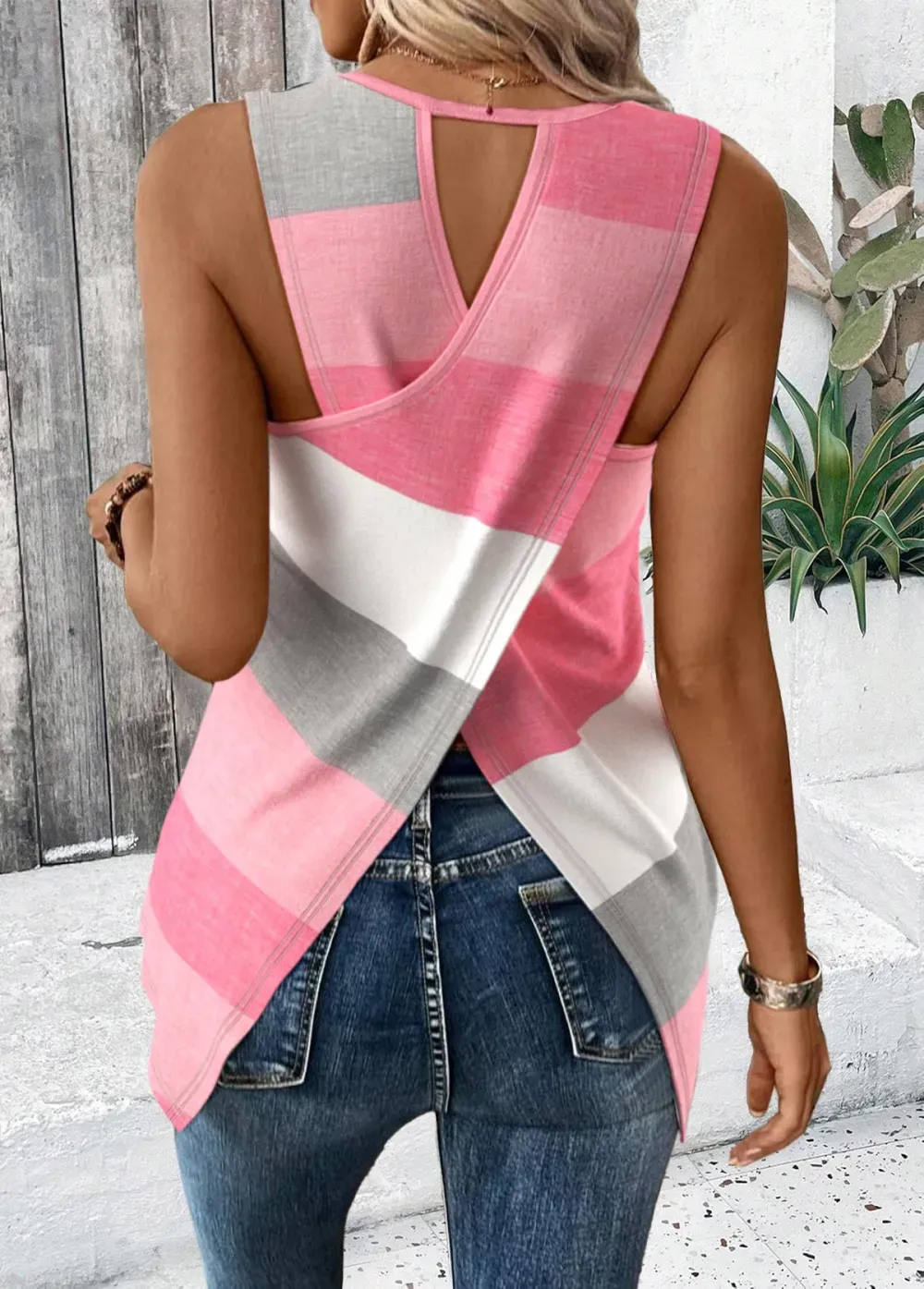 Pink Criss Cross Striped Sleeveless Round Neck Tank Top