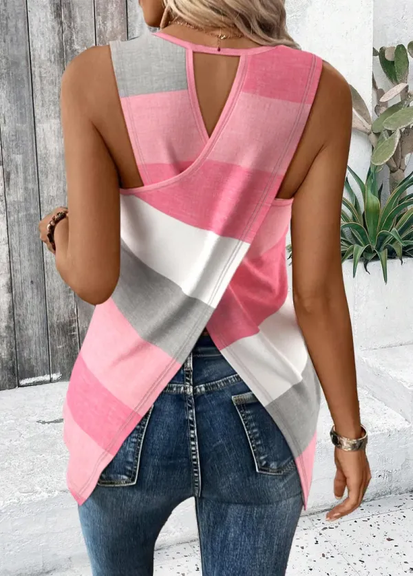 Pink Criss Cross Striped Sleeveless Round Neck Tank Top