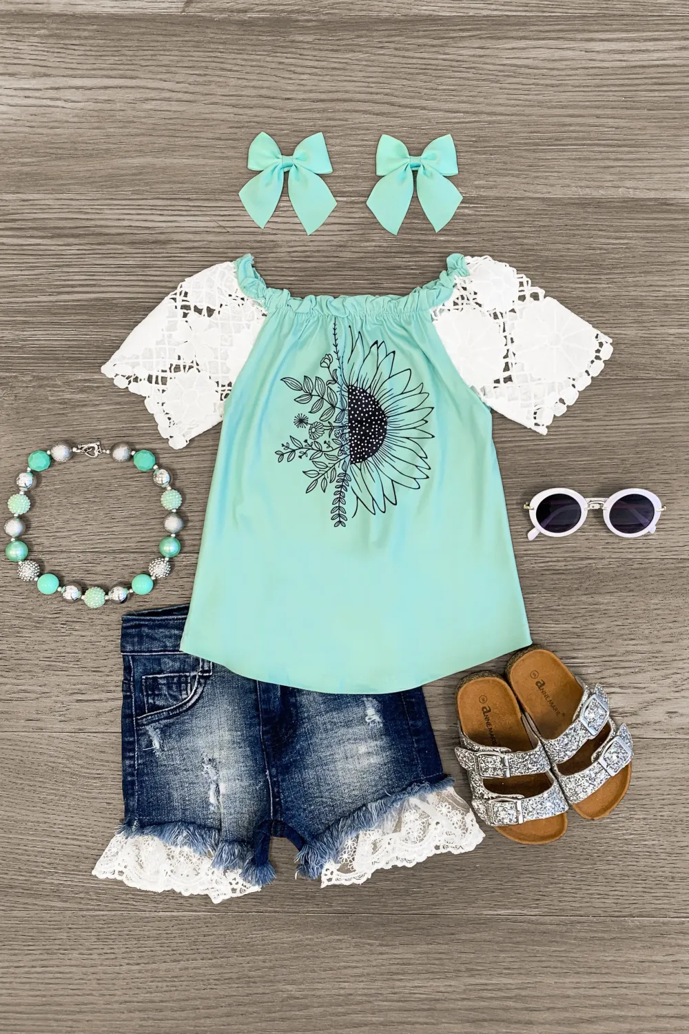 Mint Floral Lace Denim Short Set