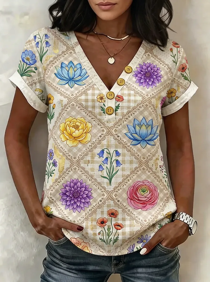 Women's Nashville Floral Gingham Pattern Printed V-Neck Button Top